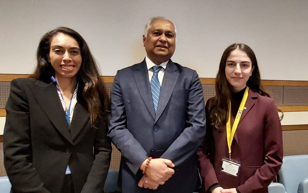 Ilana Seid (left) and Satyendra Prasad (middle) with Sweden's Climate Change Minister Romina Pourmokthari at the 5th BBNJ Intergovernmental Conference in New York.Ilana Seid (left) and Satyendra Prasad (middle) with Sweden's Climate Change Minister Romina Pourmokthari at t